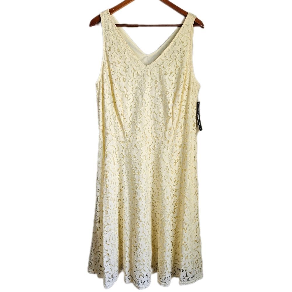 Sharagano‎ Butter Yellow Lace Dress Women's 14W Sleeveless Cottagecore Spring